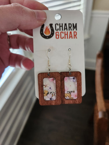 Floral Frame Rectangle Earrings – Wood & Acrylic Inlay